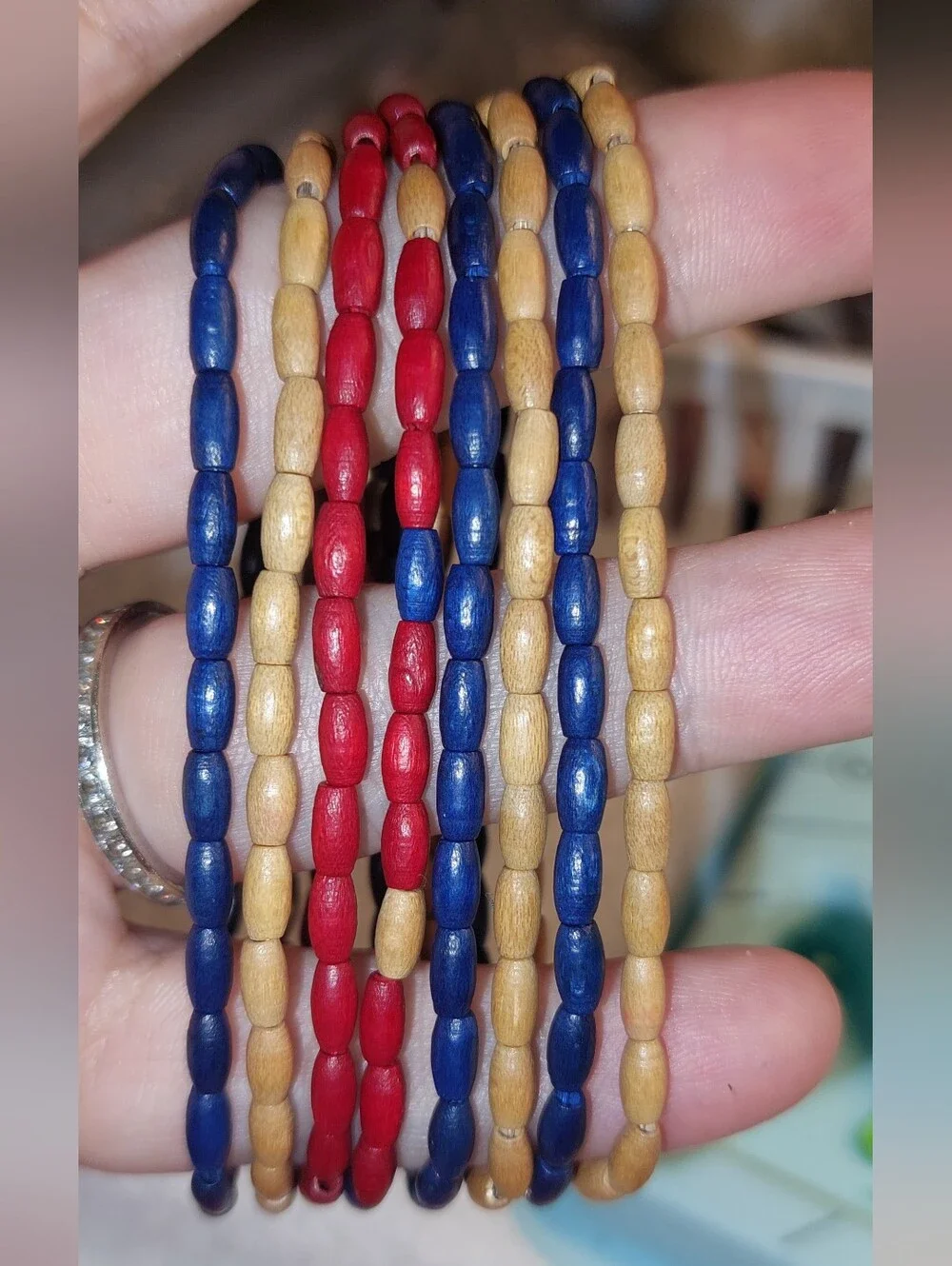 8 Handcrafted Navy, Red & Tan Wood Bead Stretch Bracelets with Matching Earrings